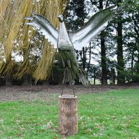 Silver Crane Sculpture with Wings Open