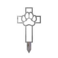 Close-Up of Natural Steel Paw Print on Cross Grave Marker Close-Up of Natural Steel Paw Print on Cross Grave Marker