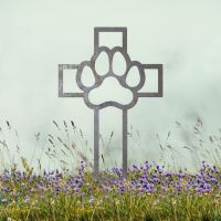 Paw Print on Cross Grave Marker Ground Spike in Natural Steel Finish Paw Print on Cross Grave Marker Ground Spike in Natural Steel Finish