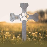 Paw Print on Dog Bone Cross Grave Marker Ground Spike in Natural Steel Finish in Situ