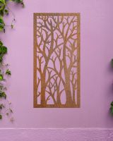 "Rustic Autumnal Trees Garden Wall Art" on purple wall