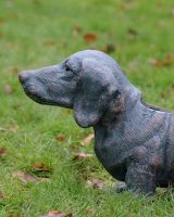"Digby" the Sausage Dog Cast Aluminium Planter - Verdigris close up on head