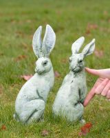 Verdant Watchers Pair of Sitting Rabbit Garden Sculpture Cast Aluminium to scale with hand in shot Verdant Watchers Pair of Sitting Rabbit Garden Sculpture Cast Aluminium to scale with hand in shot