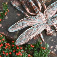 Close-Up of Aged Verdigris Finish & Wing Detail on Verdigris Finished "Prehistoric" Dragonfly Garden Sculpture Close-Up of Aged Verdigris Finish & Wing Detail on Verdigris Finished "Prehistoric" Dragonfly Garden Sculpture