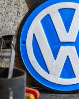 Close up of Volkswagen Cast Iron Automobilia Reproduction Sign finish