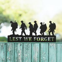 Walking Soldiers "Lest We Forget" Memorial Fence Topper in Black in Situ