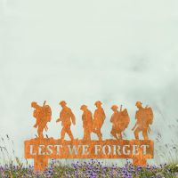 Rustic Memorial Ground Spike with Walking Soldiers "Lest We Forget" Motif