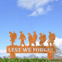 Rustic Memorial Ground Spike with Walking Soldiers "Lest We Forget" Topper