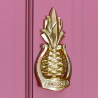 Pineapple door knocker on a pink door