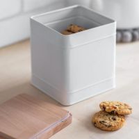 Large White Storage Canister with Beech Wood Lid in Use