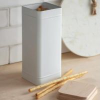 White Tall Storage Canister with Beech Wood Lid Open White Tall Storage Canister with Beech Wood Lid Open