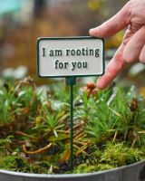 Witty Cast Iron Plant Pot Spike “I’m Rooting for You” to scale with hand for reference