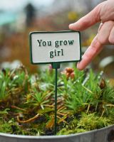 Witty Cast Iron Plant Pot Spike “You Grow Girl” to scale with hand for reference