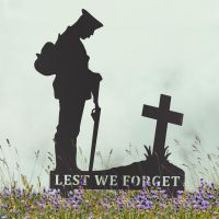 Black Memorial Ground Spike with WW2 Soldier Lest We Forget Motif Black Memorial Ground Spike with WW2 Soldier Lest We Forget Motif