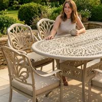 The "Marianne" 8-Seater Outdoor Dining Set - Antique Champagne digital illustration back of chair close up scale shot