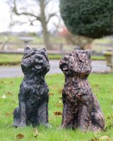 ‘Baxter’ the Yorkshire Terrier Garden Sculpture in Cast Aluminium - Verdigris stood next to copper version
