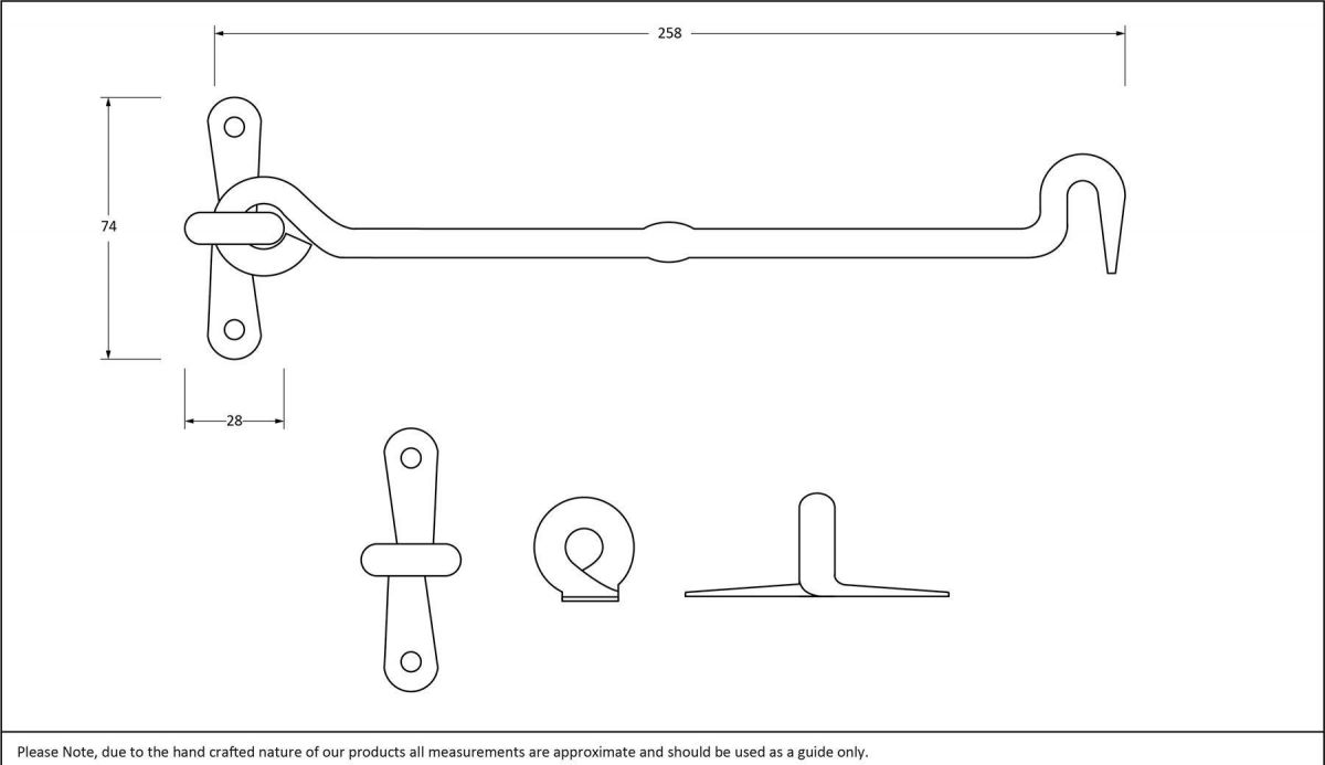 10" External Beeswax Forged Cabin Hook & Stay Dimensions