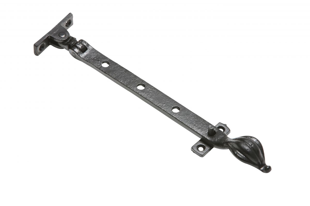 12" Traditional Black Iron Window Casment Stay With Petal Shaped Handle