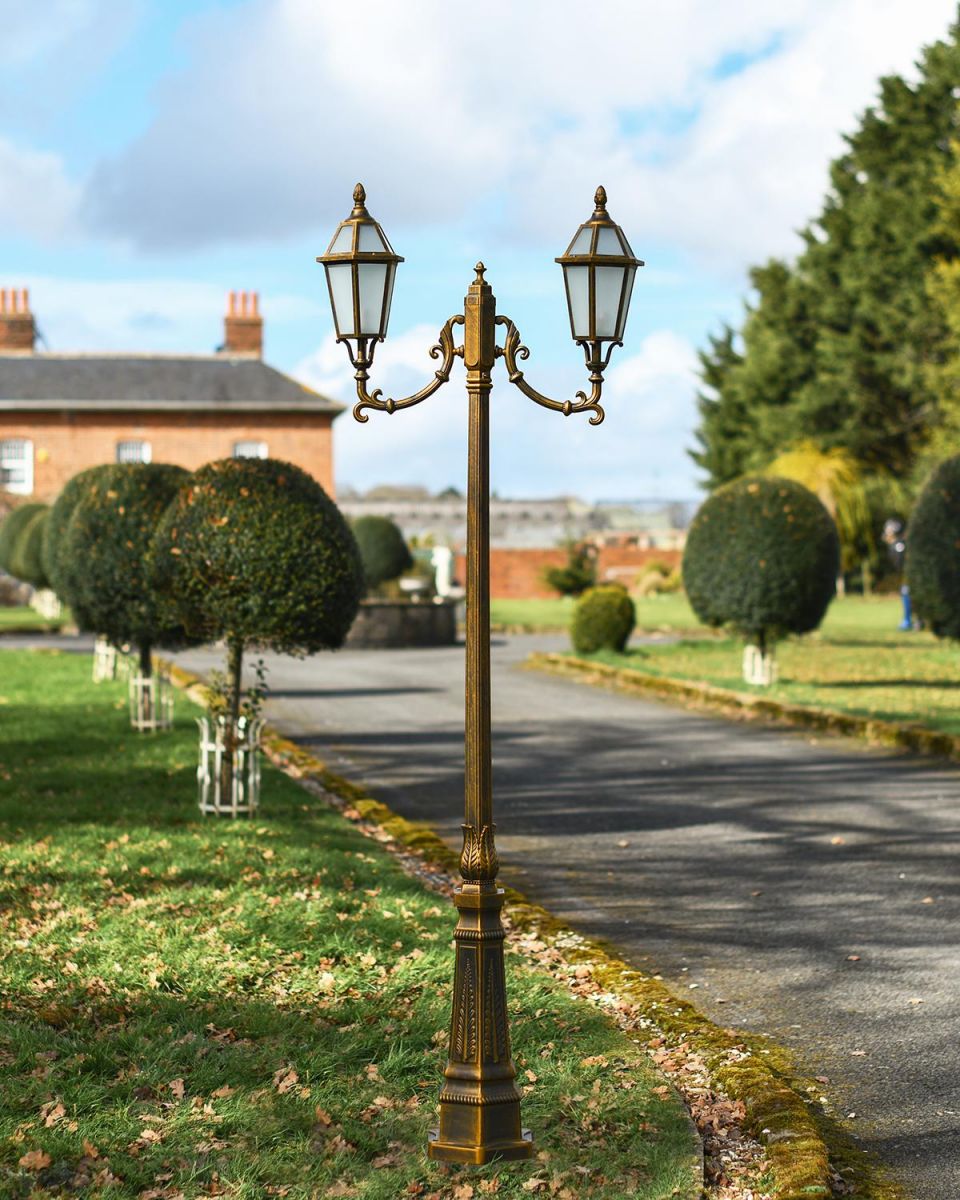 2.3m "Beaumont" Double Headed Antique Bronze Traditional Lamp Post in Situ on a Driveway