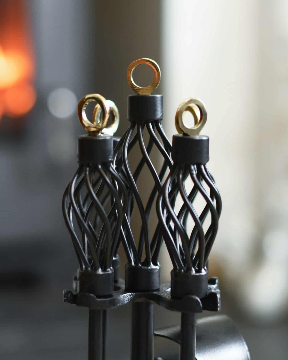 Close-Up of "Dudley" Polished Brass & Black Iron Fireside Companion Set - 45cm