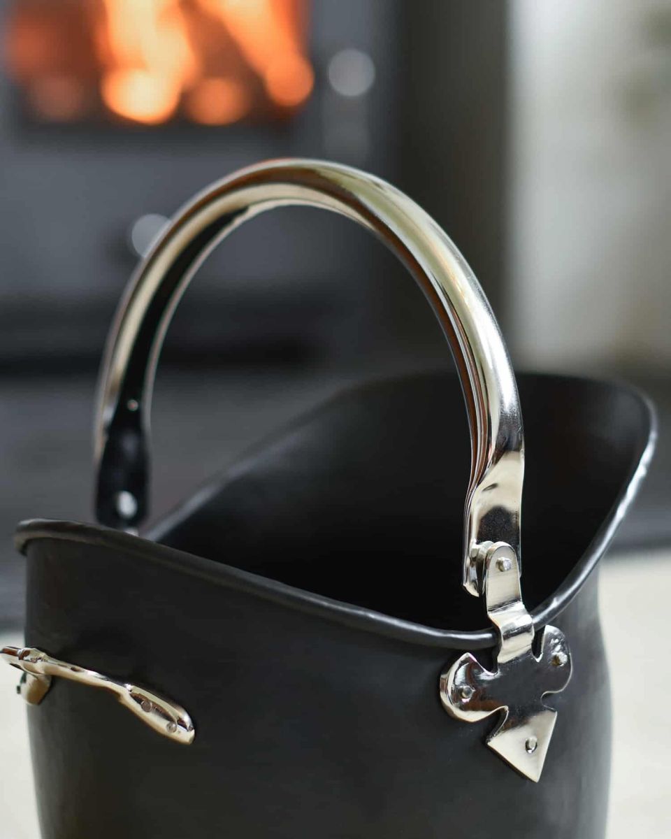Close-Up of "Hinswick" Victorian Black Iron and Nickel Coal Bucket - Small