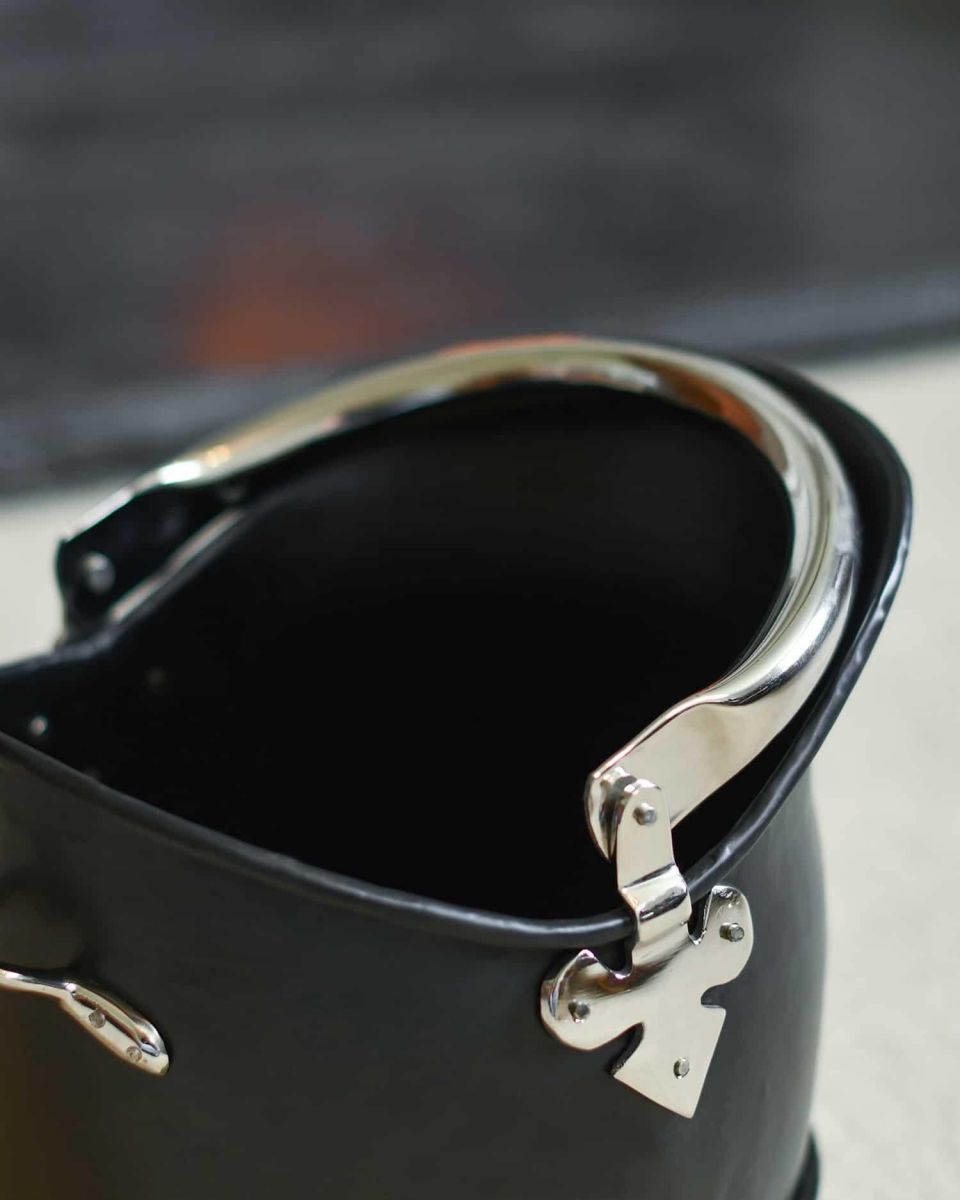 Close-Up of "Hinswick" Victorian Black Iron and Nickel Coal Bucket - Small in Situ