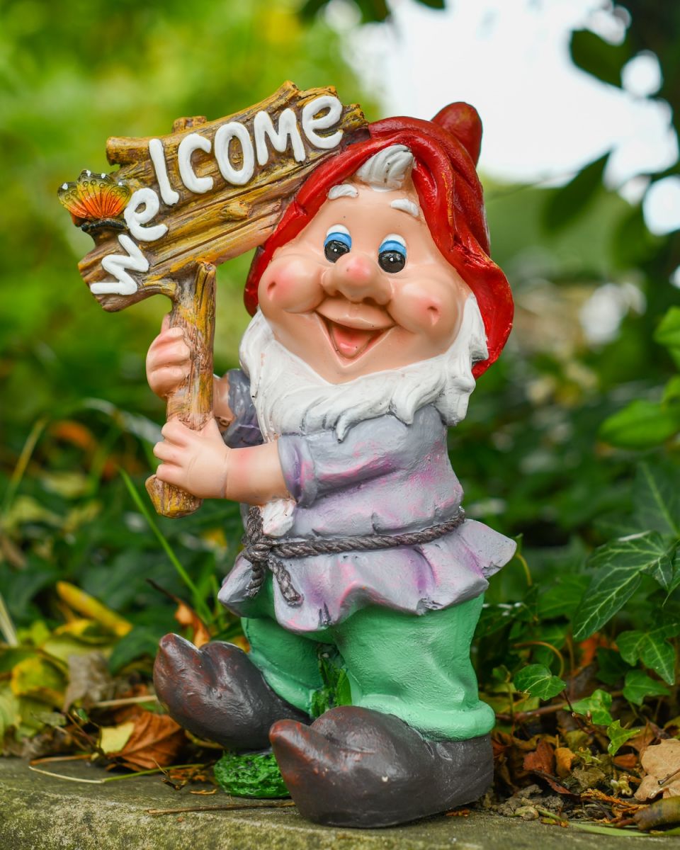 Angled view of colourful garden gnome ornament