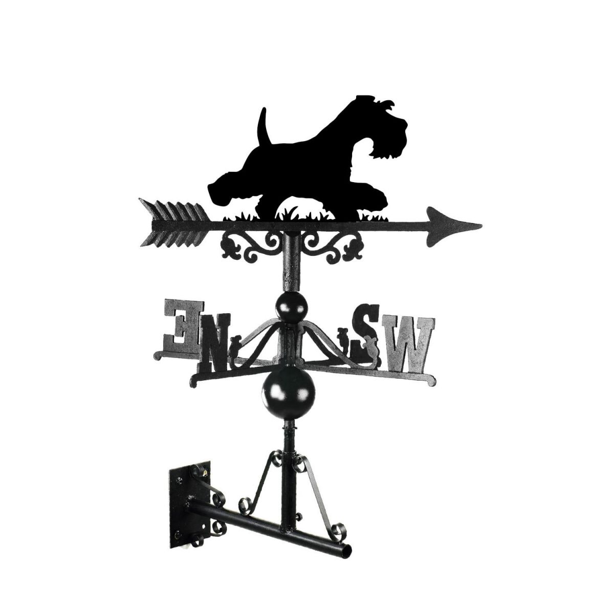 Minitiature schnauzer running weathervane in situ