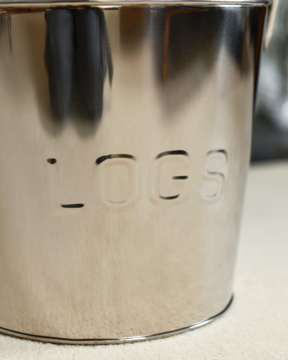 Close-Up of "LOGS" Lettering on “Radcliffe Hall” Stainless Steel Log Basket 