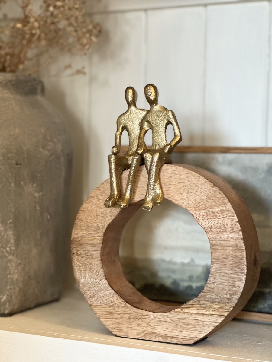 "World of Two" Aluminium and Mango Wood Sculpture - Gold