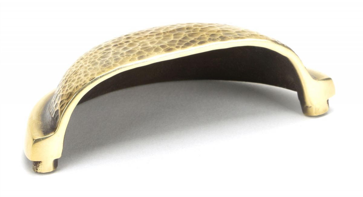 Aged Brass Curved Drawer Pull with Hammered Handle Interior
