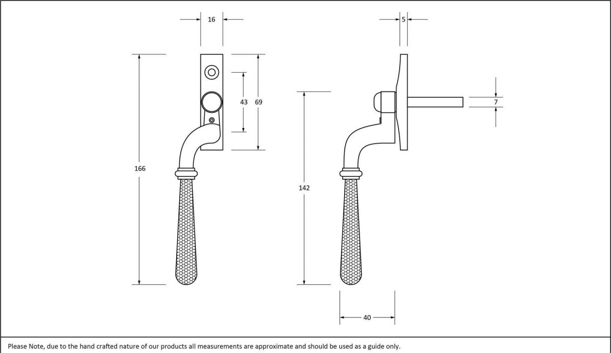 Aged Brass Hammered Espag Window Handle - Left Handed Dimensions