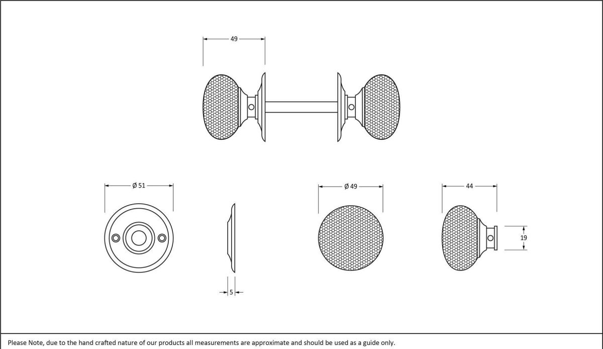 Polished Copper Hammered Mortice & Rim Doorknob Set Dimensions