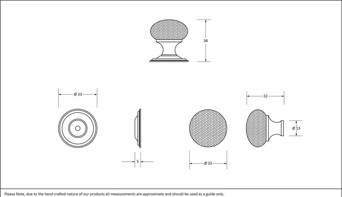 Polished Copper Hammered Mushroom Cabinet Knob - 38mm Dimensions