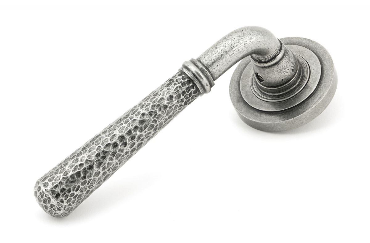 Aged Pewter Hammered Unsprung Lever Door Handle on Art Deco Rose