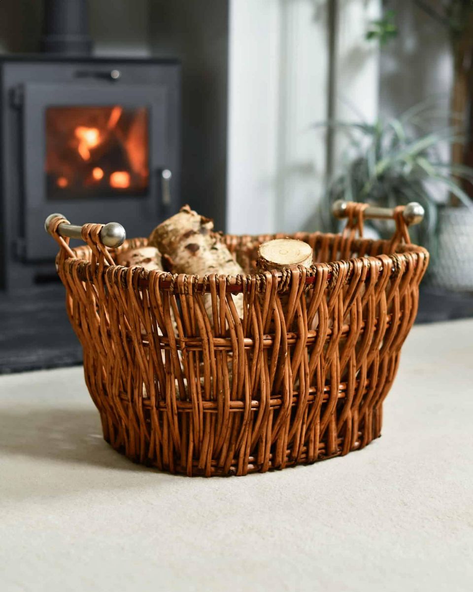 Aged Wicker Log Basket with Metal Handles in Situ