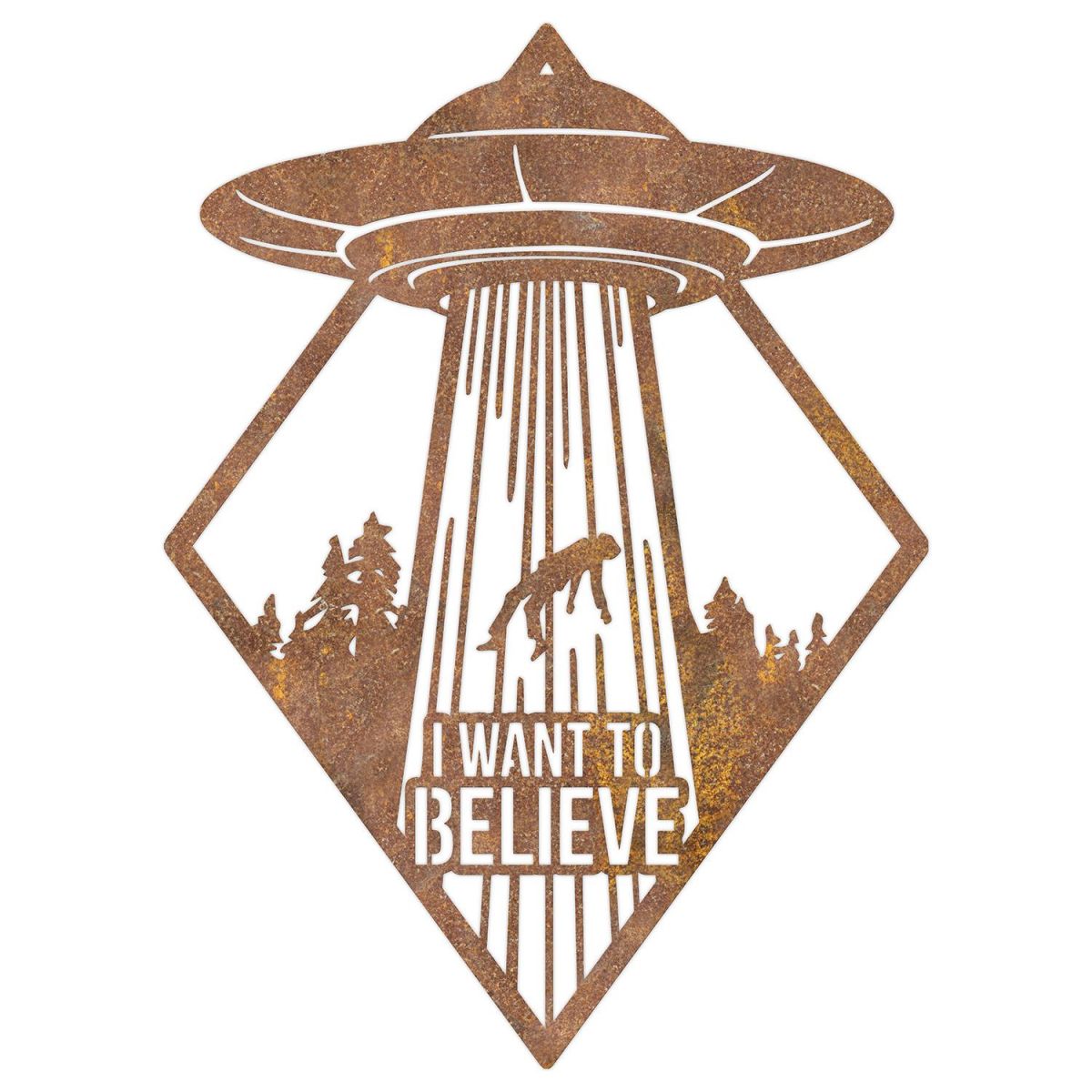 "I Want to Believe" Alien Wall Art in a Rustic Finish