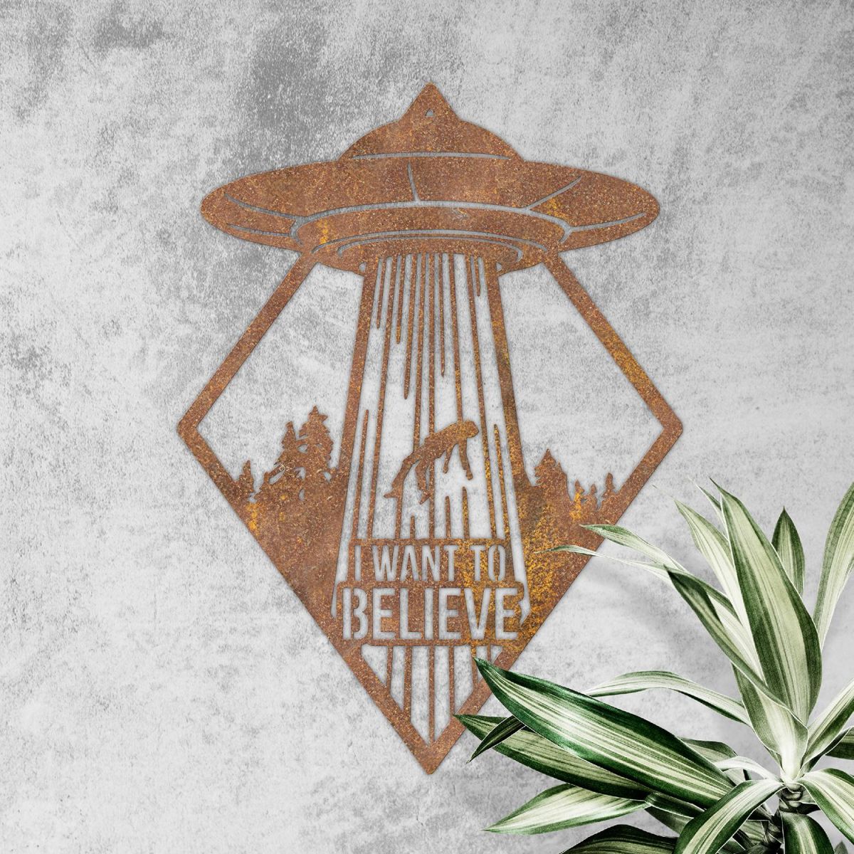 "I Want to Believe" Alien Wall Art on a Rustic Wall