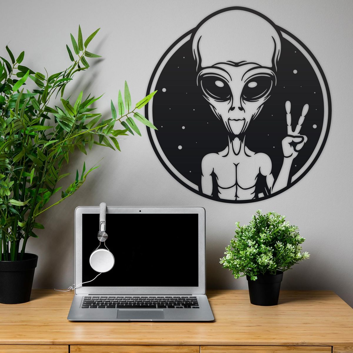 Peace Sign Alien Wall Art in Situ in the Office