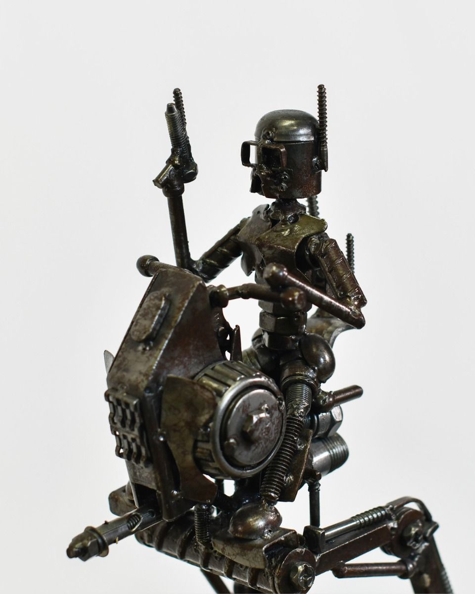 Close Up of Recycled Metal Parts Alien Walker Ornament 
