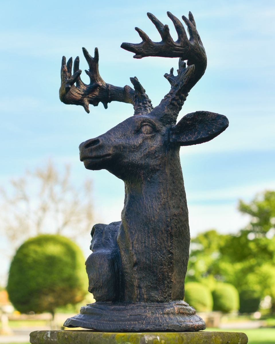 angled view of stag bust antique bronze garden statue