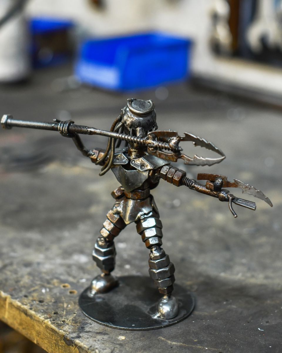 Angled view of scrap metal art sculpture