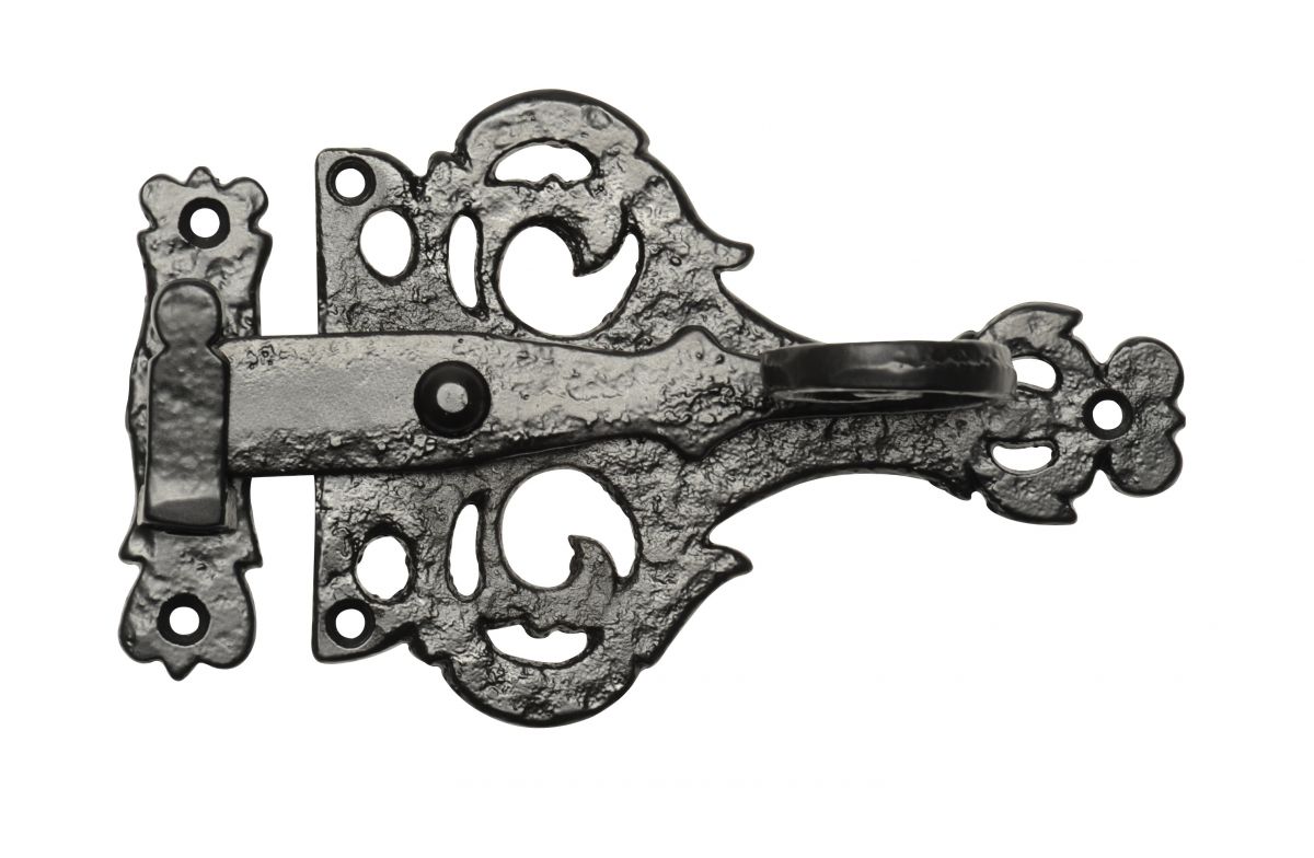 Antique Black Iron Ornate Casement Fastener With Hook Keeper Plate