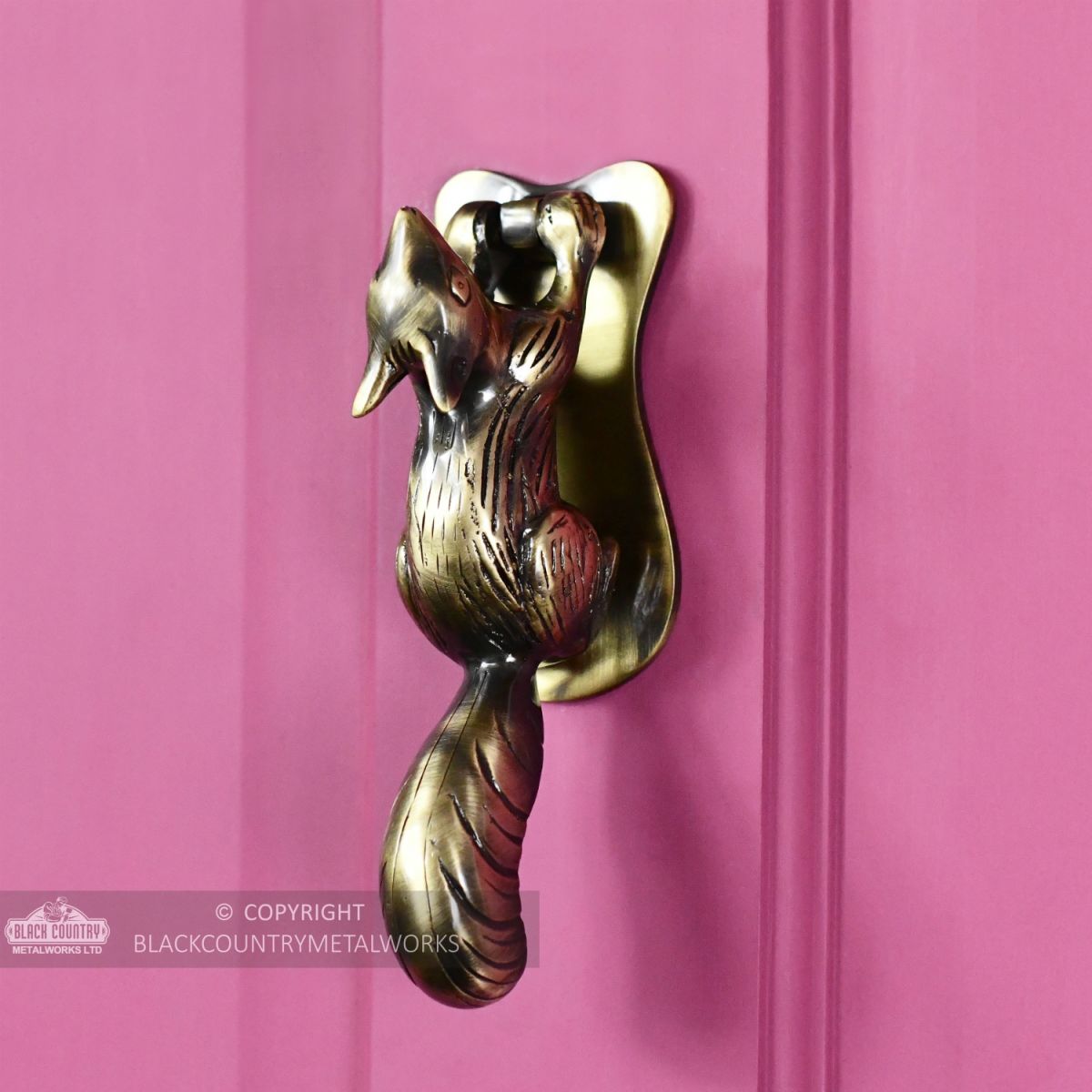Antique Brass Squirrel door knocker on pink door