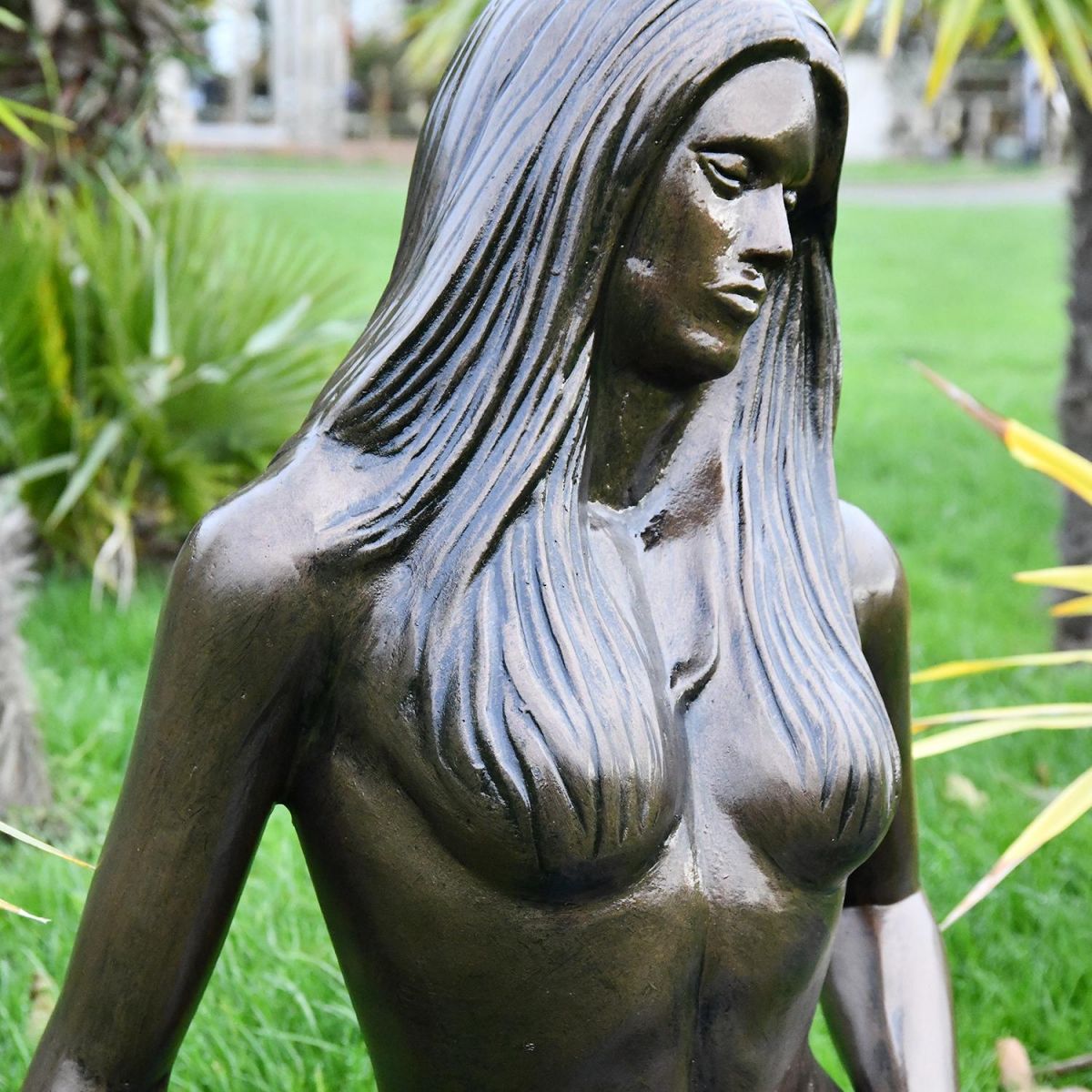 View of the Antique Bronze Finish on the Mermaid Garden Sculpture