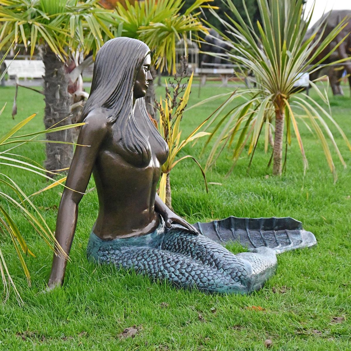 Side View of the Antique Bronze Mermaid Garden Sculpture