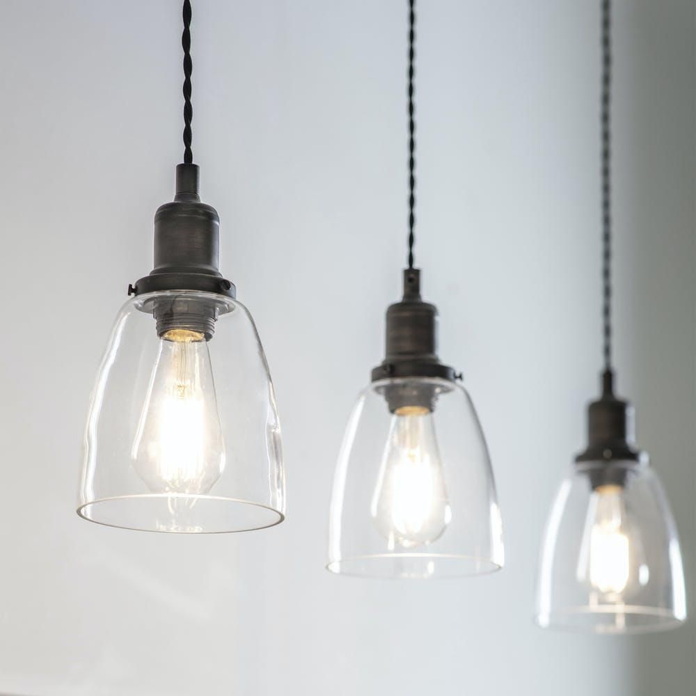 Antique Bronze Steel Trio Domed Cone Hanging Lights in Situ