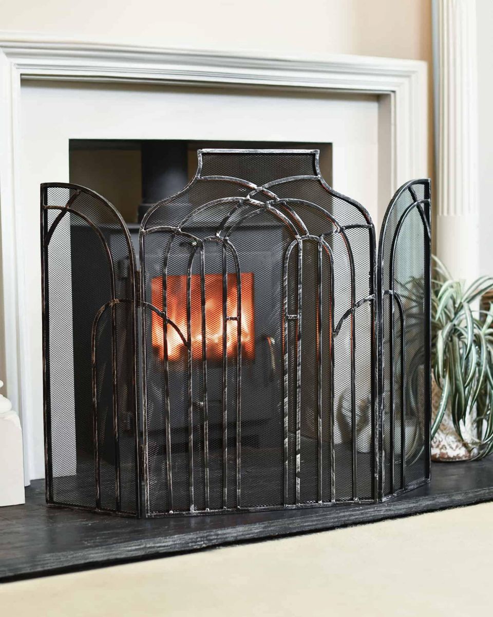 Antique Silver Arched Three Fold Fire Guard in SItu