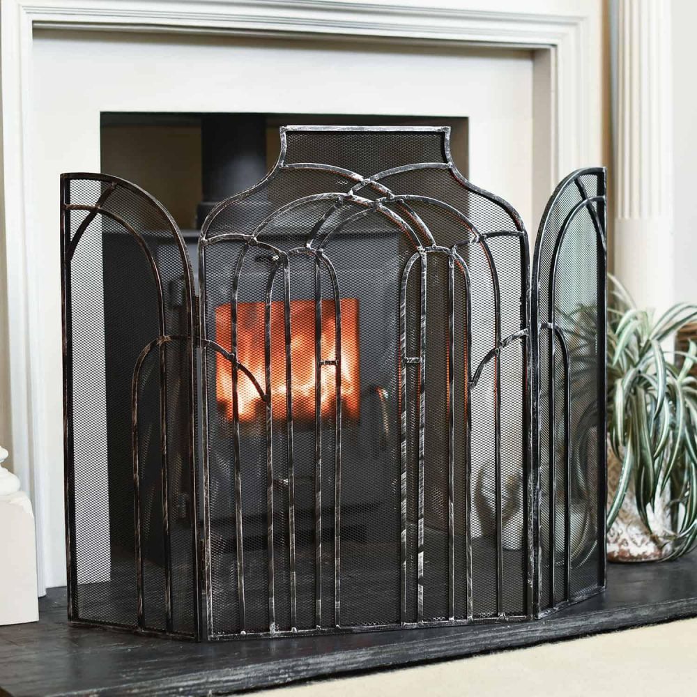 Antique Silver Arched Three Fold Fire Guard