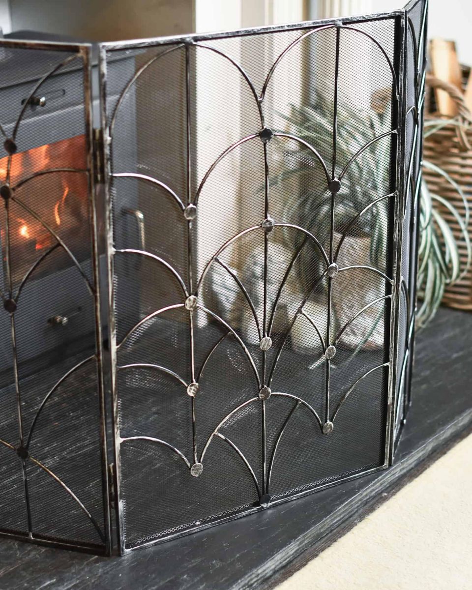 Situ Shot of Antique Silver Art Deco Three Fold Fire Guard